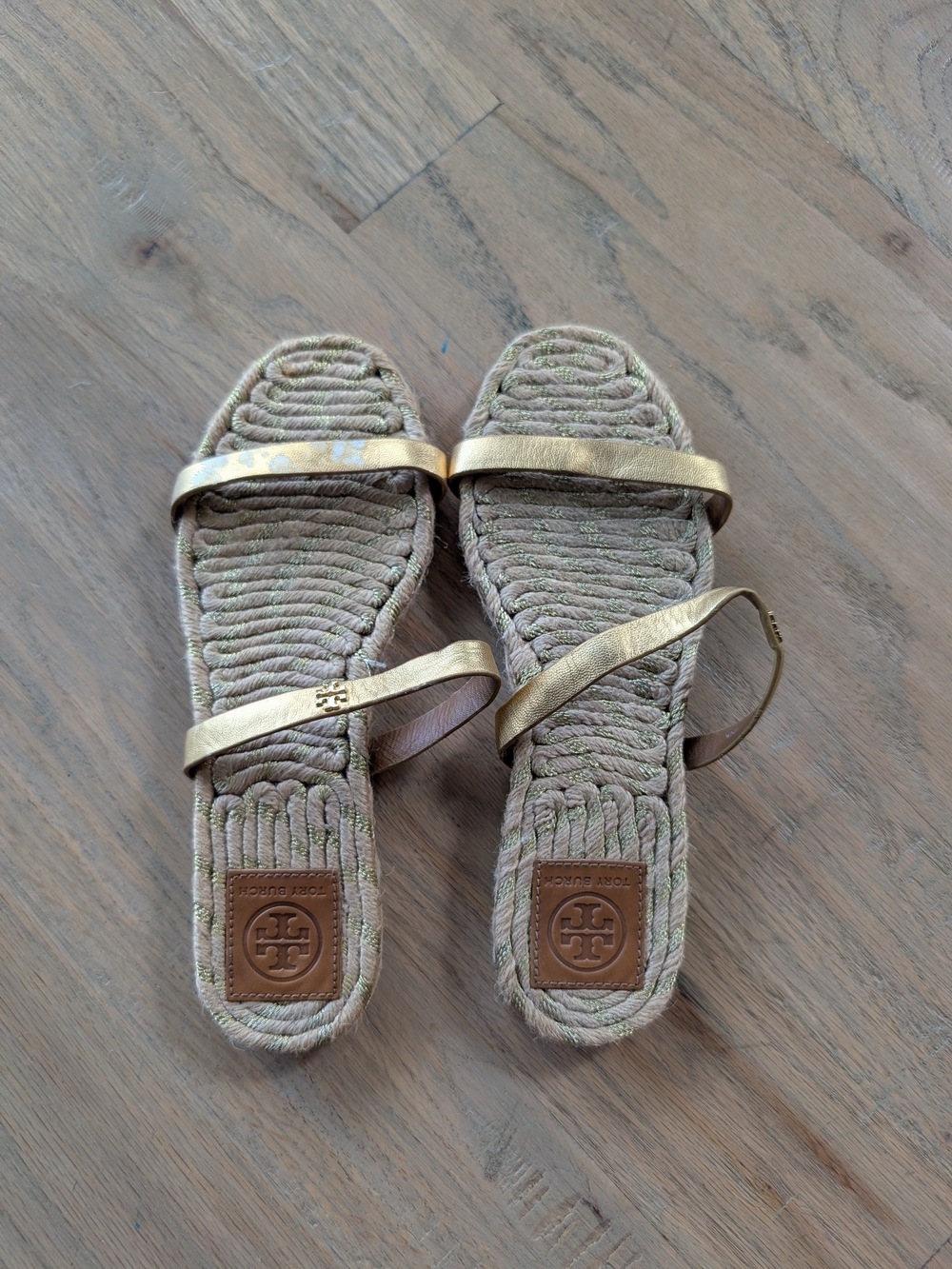 Tory Burch Gold Leather Strap Rope Espadrilles Slide Sandals